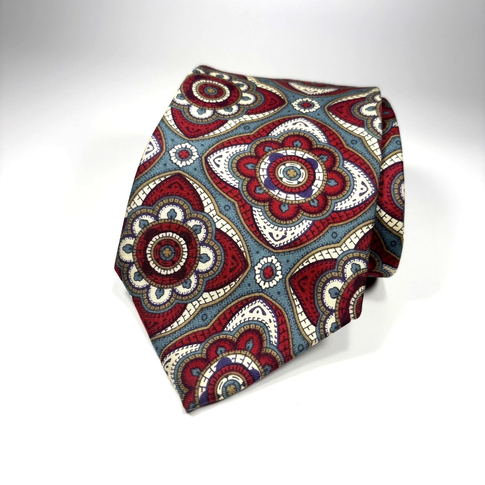 Vintage Christian Dior Monsieur Mens Tie Red & Green Medallion Geometric Silk